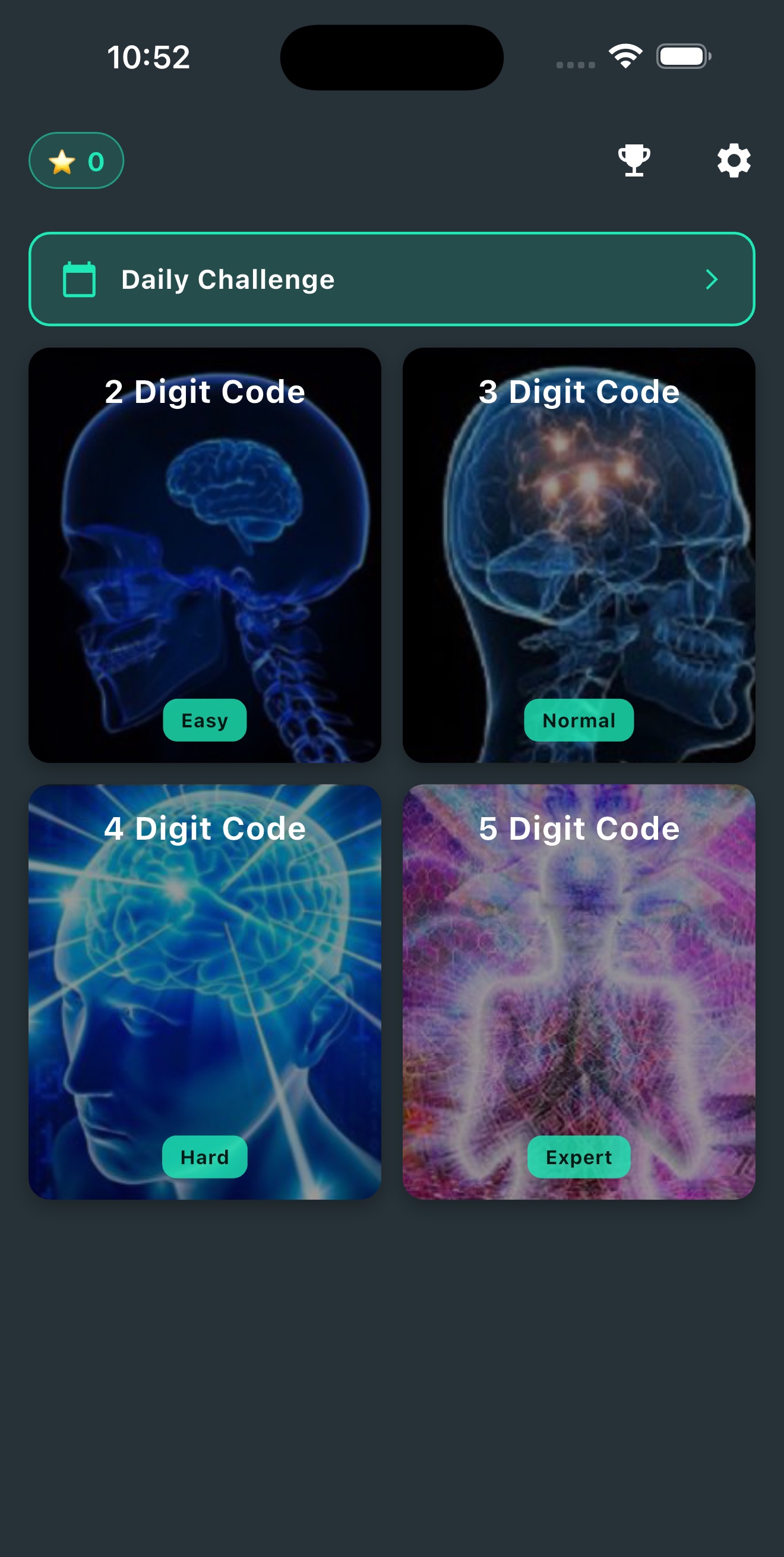 Difficulty selection screen with 2 to 5 digit codes