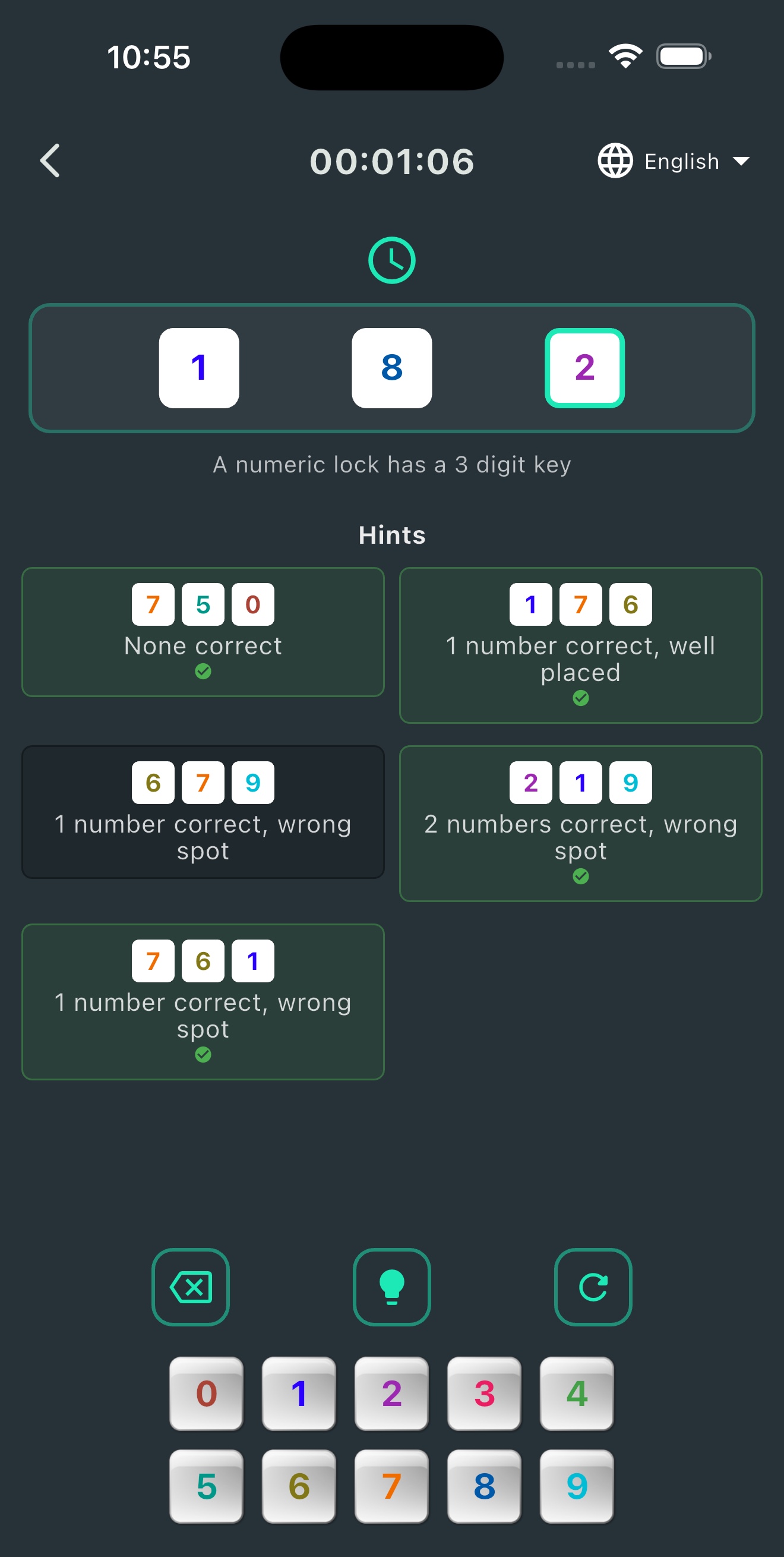 Crack the Code gameplay showing color-coded clues