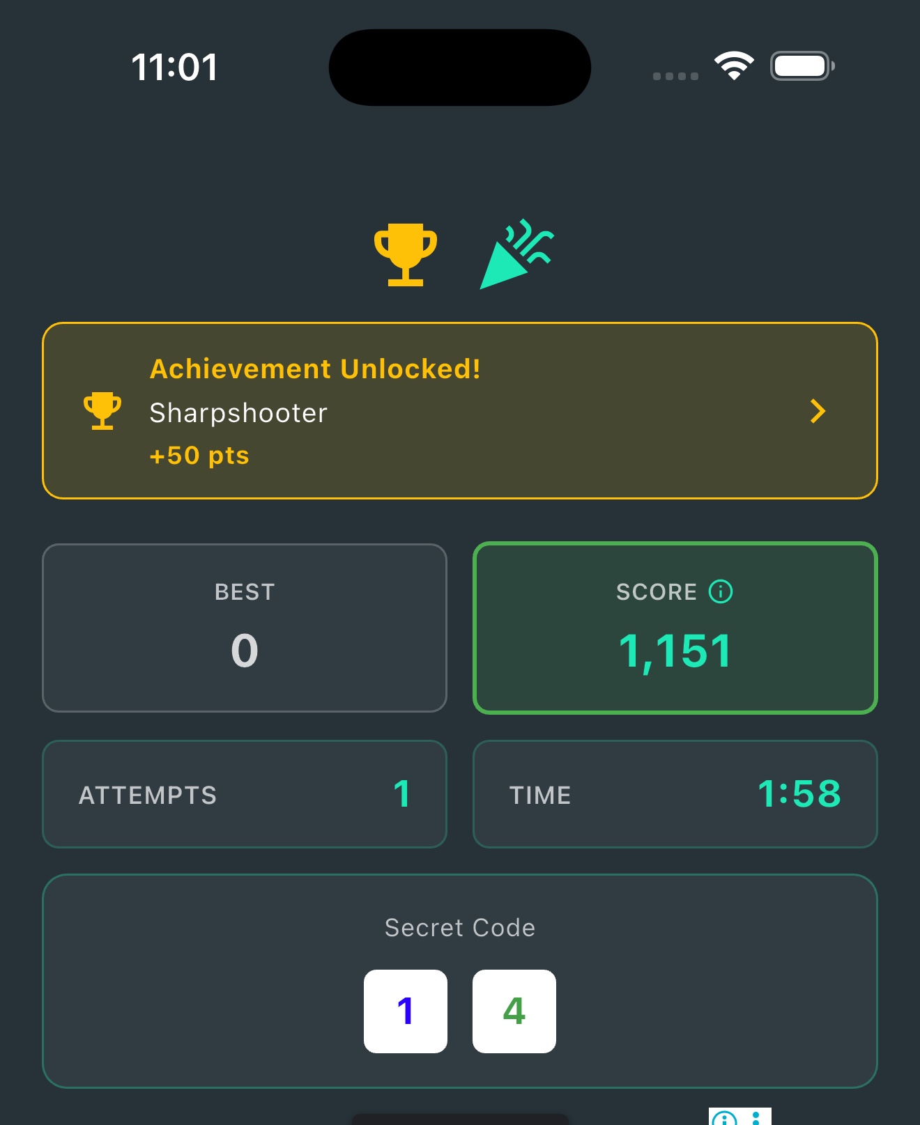 Win screen with achievement unlocked