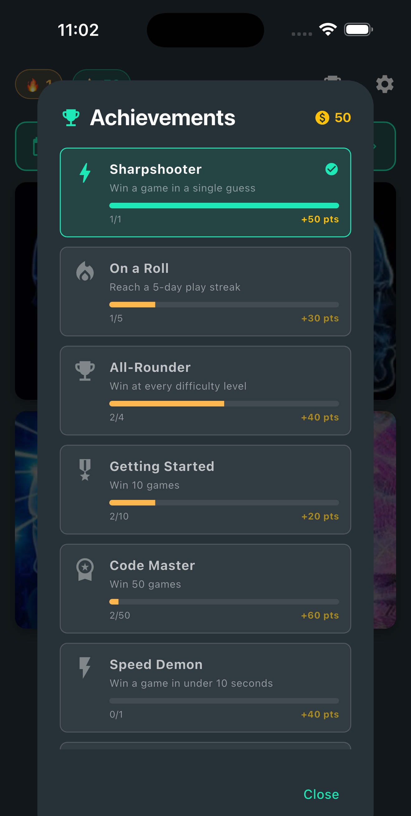 Achievements list with progress bars